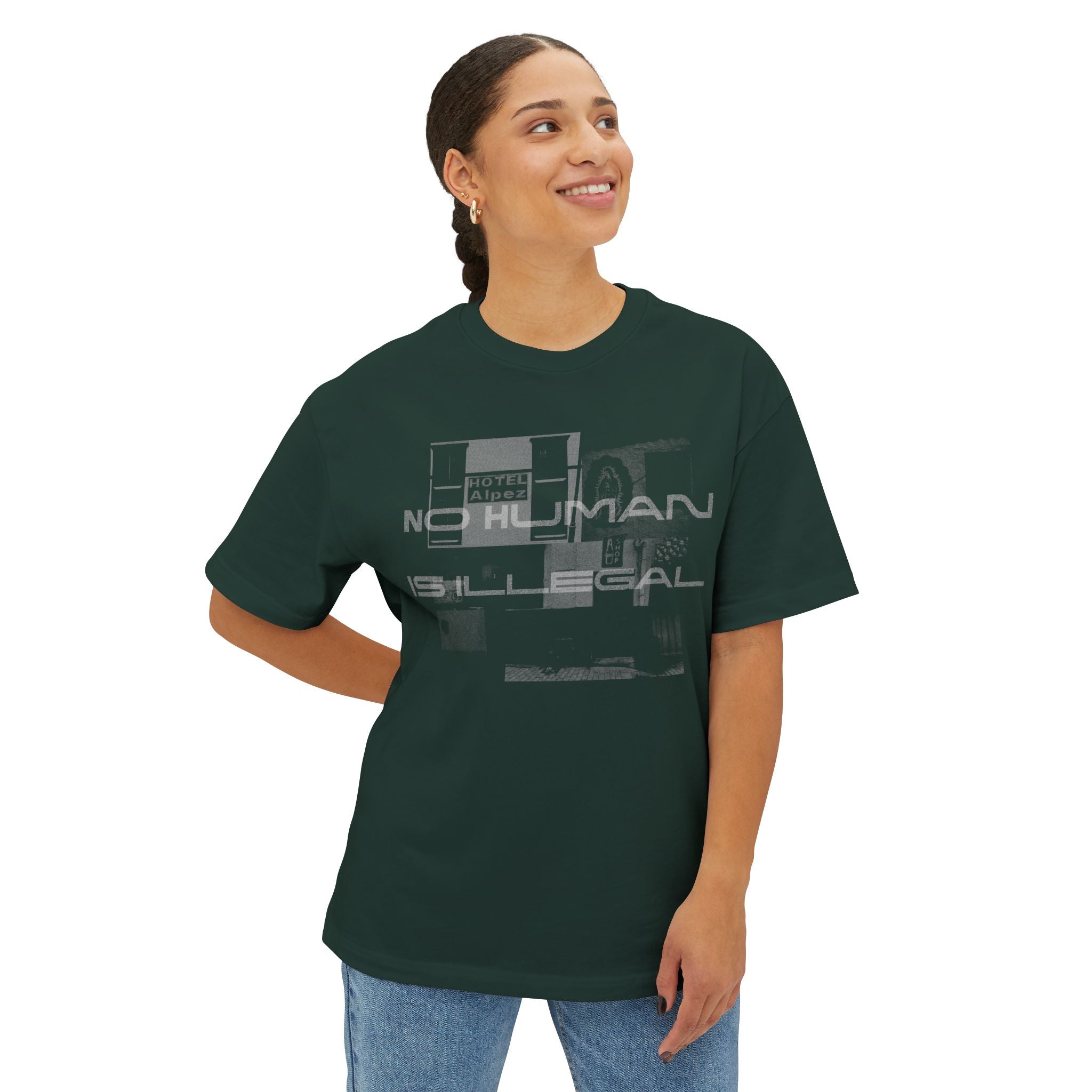 No Human Is Illegal (Forest Green) T-Shirt, Unisex Oversized Boxy Tee, Los Angeles Made